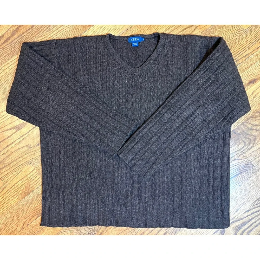 J. Crew‎ Mens XL V-Neck Sweater 100% Wool Ribbed Knit Charcoal Brown Marl